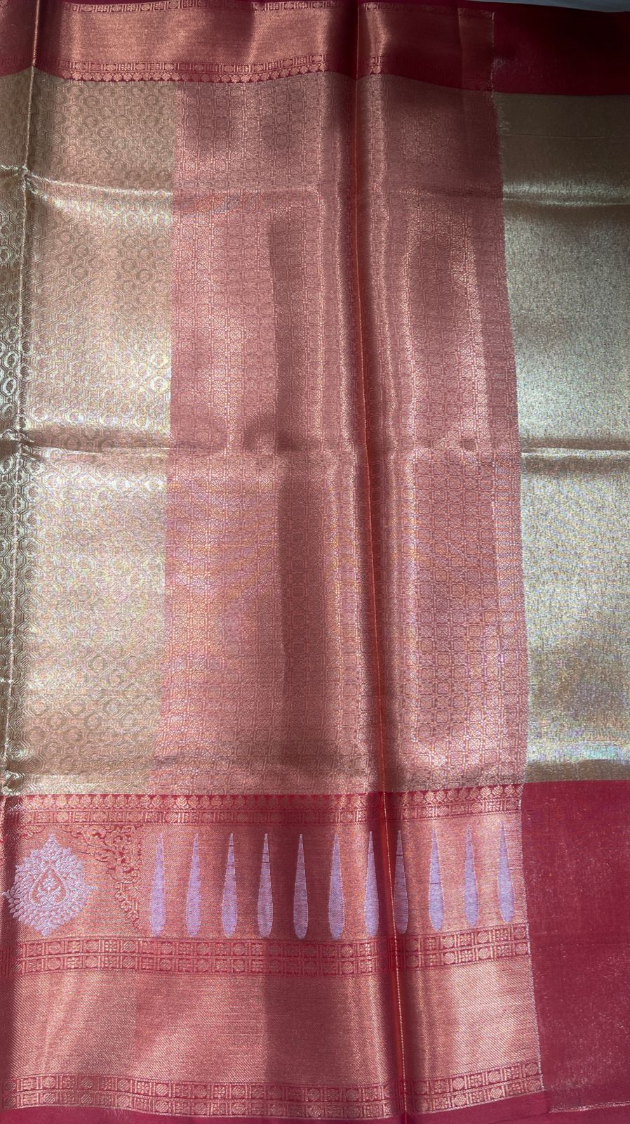 Faishana Presents Brown Banarasi Tanchoi Tissue Skirt Border Jaal Silver Mina Boota Copper Zari and Silver Floral Zari Border with Stripe Brown Blouse Banarasi Saree