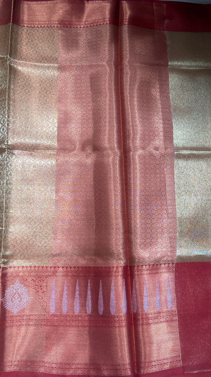Faishana Presents Brown Banarasi Tanchoi Tissue Skirt Border Jaal Silver Mina Boota Copper Zari and Silver Floral Zari Border with Stripe Brown Blouse Banarasi Saree