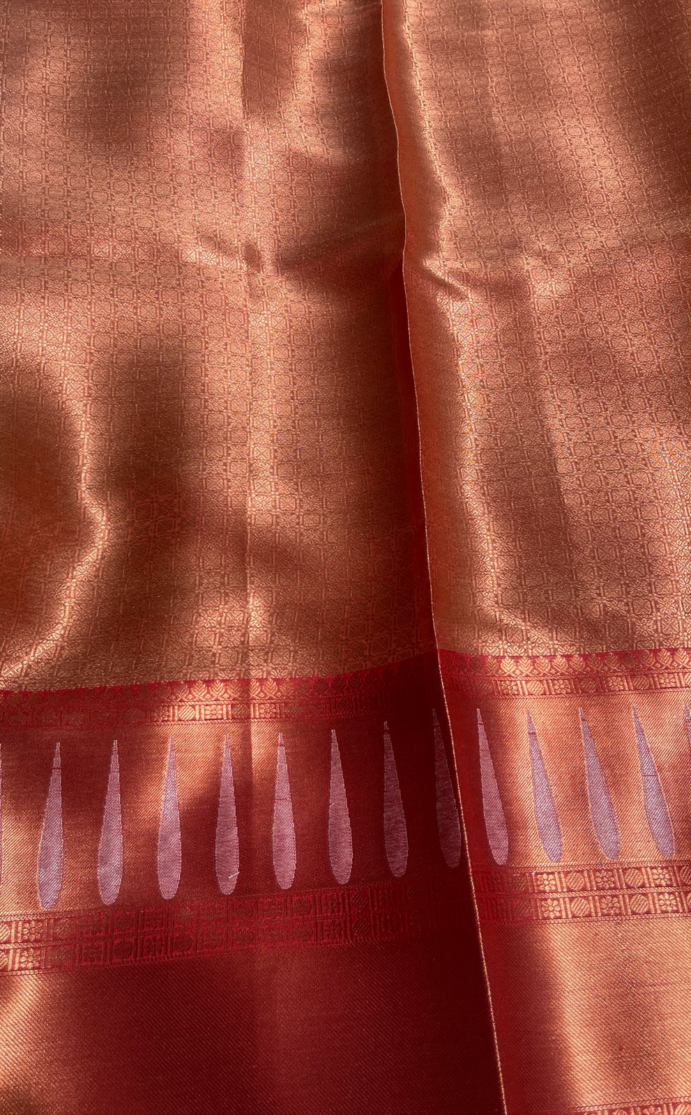 Faishana Presents Brown Banarasi Tanchoi Tissue Skirt Border Jaal Silver Mina Boota Copper Zari and Silver Floral Zari Border with Stripe Brown Blouse Banarasi Saree