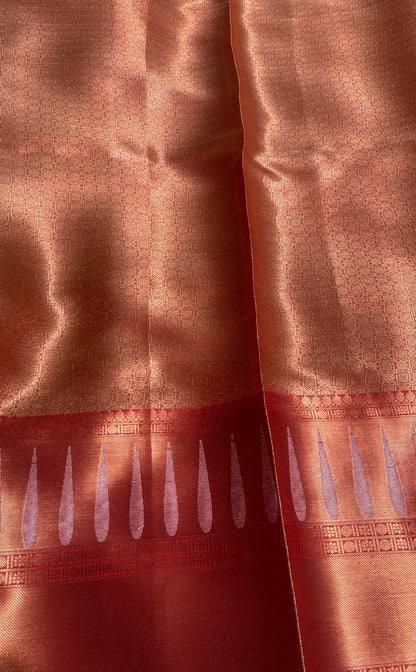 Faishana Presents Brown Banarasi Tanchoi Tissue Skirt Border Jaal Silver Mina Boota Copper Zari and Silver Floral Zari Border with Stripe Brown Blouse Banarasi Saree