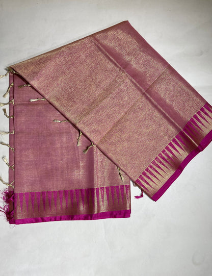 Faishana Presents Peach Kora Tissue Plain and Magenta Gold Zari Border with Stripe Magenta Blouse Banarasi Saree
