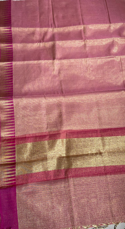 Faishana Presents Peach Kora Tissue Plain and Magenta Gold Zari Border with Stripe Magenta Blouse Banarasi Saree