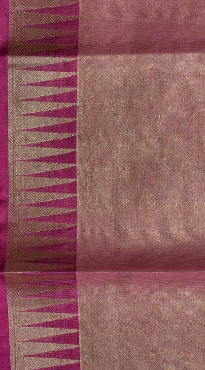 Faishana Presents Peach Kora Tissue Plain and Magenta Gold Zari Border with Stripe Magenta Blouse Banarasi Saree