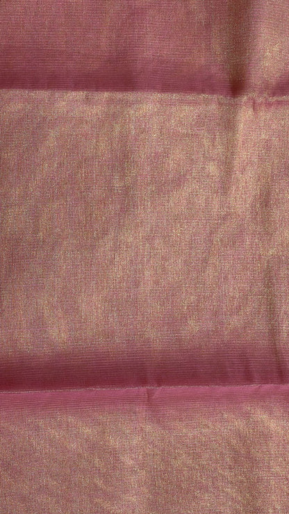 Faishana Presents Peach Kora Tissue Plain and Magenta Gold Zari Border with Stripe Magenta Blouse Banarasi Saree