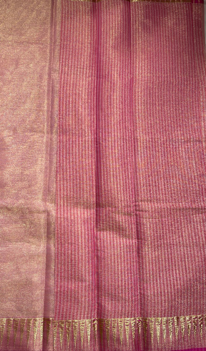 Faishana Presents Peach Kora Tissue Plain and Magenta Gold Zari Border with Stripe Magenta Blouse Banarasi Saree