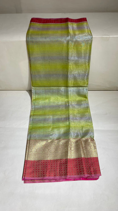 Faishana Presents Grey and Yellow Stripe Tissue Banarasi and Skirt 2d Floral Copper & Resham Zari Border with Multicolour Border Anchal and Red Stripe Blouse