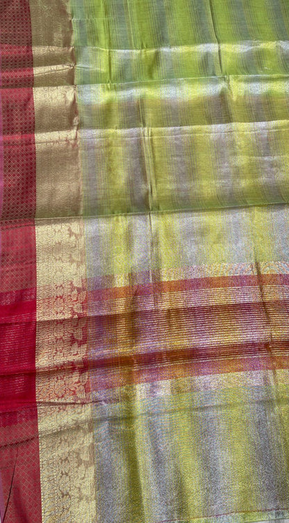 Faishana Presents Grey and Yellow Stripe Tissue Banarasi and Skirt 2d Floral Copper & Resham Zari Border with Multicolour Border Anchal and Red Stripe Blouse