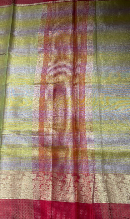 Faishana Presents Grey and Yellow Stripe Tissue Banarasi and Skirt 2d Floral Copper & Resham Zari Border with Multicolour Border Anchal and Red Stripe Blouse