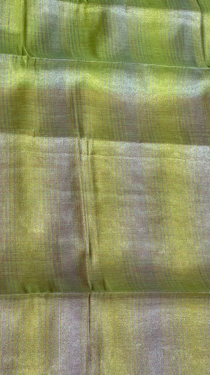Faishana Presents Grey and Yellow Stripe Tissue Banarasi and Skirt 2d Floral Copper & Resham Zari Border with Multicolour Border Anchal and Red Stripe Blouse