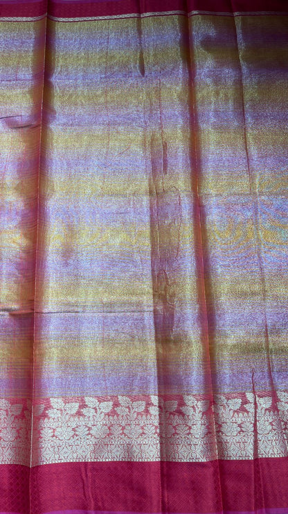Faishana Presents Grey and Yellow Stripe Tissue Banarasi and Skirt 2d Floral Copper & Resham Zari Border with Multicolour Border Anchal and Red Stripe Blouse