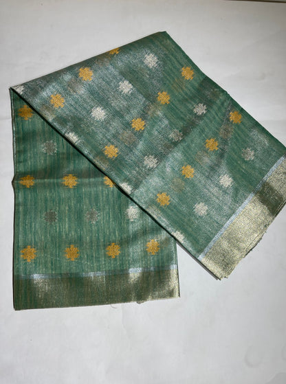 Faishana Presents Sea Green Tissue Silk Gold and Silver Resham Zari Booti with Stripe Light Gold Zari Pallu and Border with Stripe Blouse