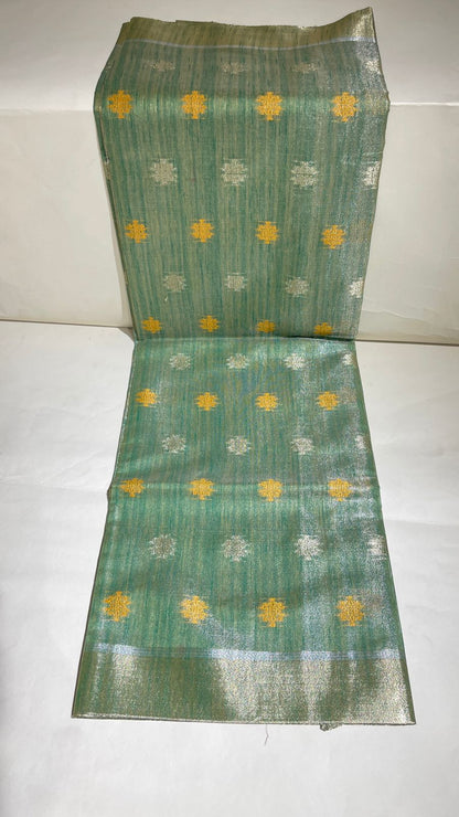 Faishana Presents Sea Green Tissue Silk Gold and Silver Resham Zari Booti with Stripe Light Gold Zari Pallu and Border with Stripe Blouse