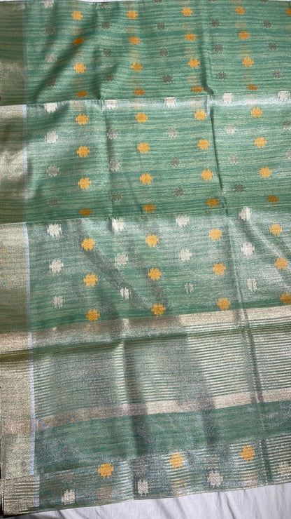 Faishana Presents Sea Green Tissue Silk Gold and Silver Resham Zari Booti with Stripe Light Gold Zari Pallu and Border with Stripe Blouse