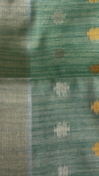 Faishana Presents Sea Green Tissue Silk Gold and Silver Resham Zari Booti with Stripe Light Gold Zari Pallu and Border with Stripe Blouse