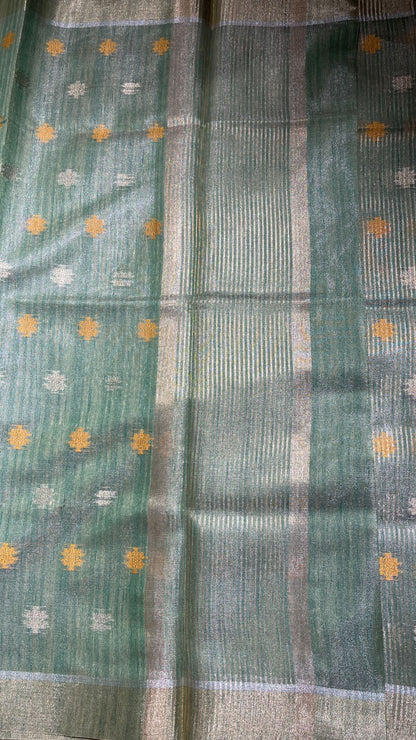 Faishana Presents Sea Green Tissue Silk Gold and Silver Resham Zari Booti with Stripe Light Gold Zari Pallu and Border with Stripe Blouse