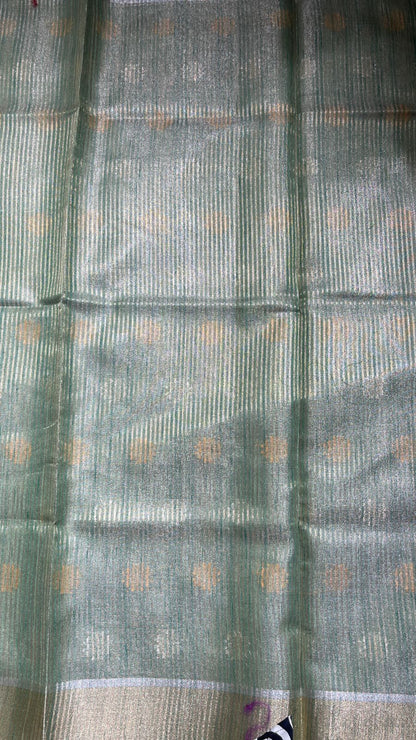 Faishana Presents Sea Green Tissue Silk Gold and Silver Resham Zari Booti with Stripe Light Gold Zari Pallu and Border with Stripe Blouse