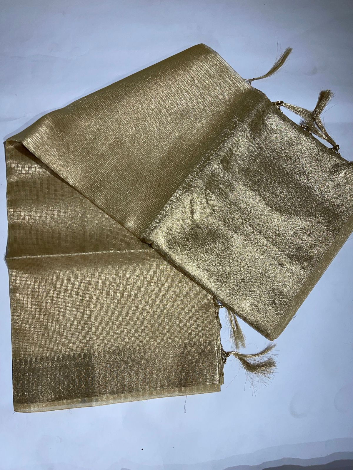 Faishana Presents Gold Supernet Banarasi Tissue Zari Stripe Skirt Floral Zari Border with Gold Blouse Banarasi Saree