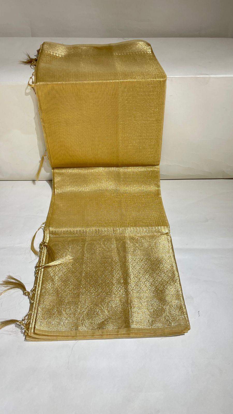 Faishana Presents Gold Supernet Banarasi Tissue Zari Stripe Skirt Floral Zari Border with Gold Blouse Banarasi Saree