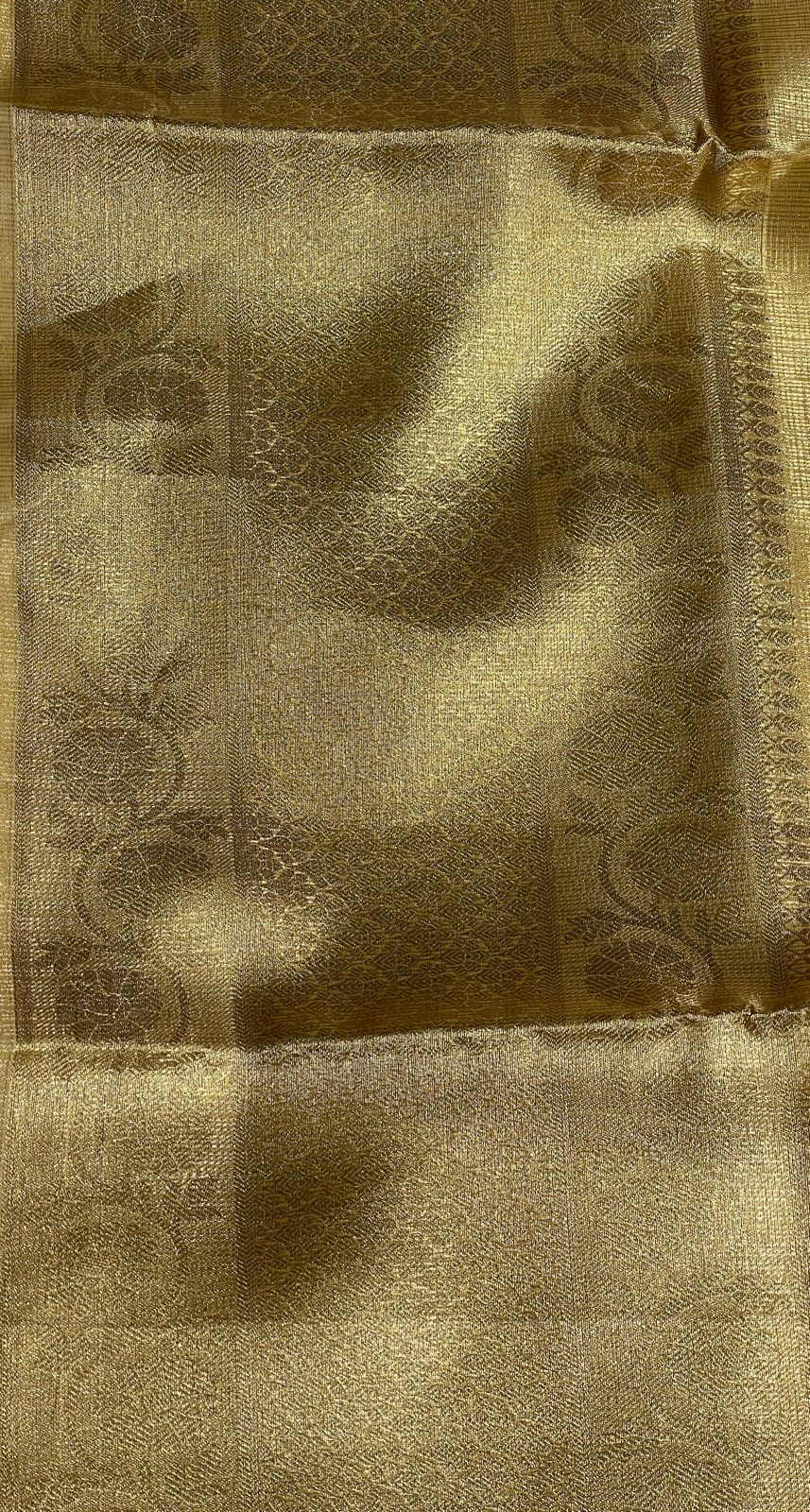 Faishana Presents Gold Supernet Banarasi Tissue Zari Stripe Skirt Floral Zari Border with Gold Blouse Banarasi Saree