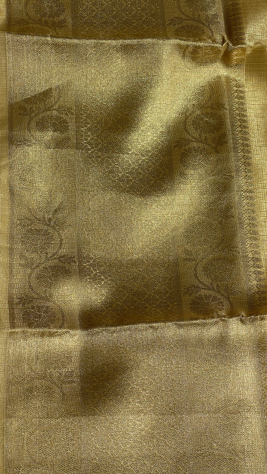 Faishana Presents Gold Supernet Banarasi Tissue Zari Stripe Skirt Floral Zari Border with Gold Blouse Banarasi Saree