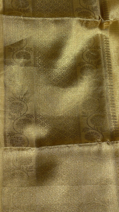 Faishana Presents Gold Supernet Banarasi Tissue Zari Stripe Skirt Floral Zari Border with Gold Blouse Banarasi Saree