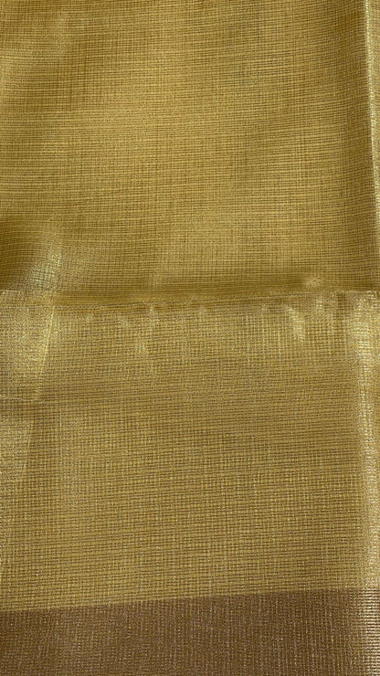 Faishana Presents Gold Supernet Banarasi Tissue Zari Stripe Skirt Floral Zari Border with Gold Blouse Banarasi Saree