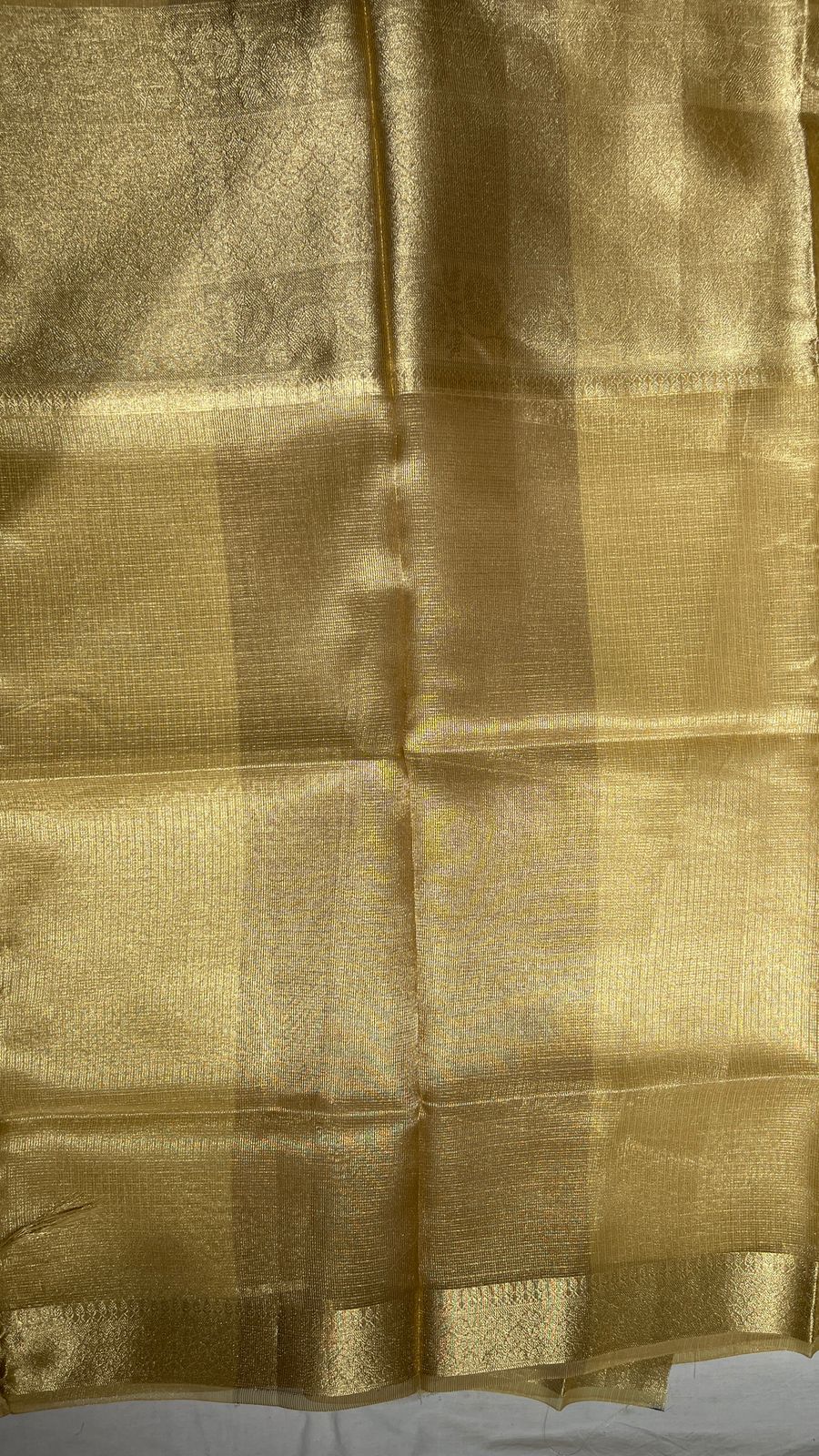 Faishana Presents Gold Supernet Banarasi Tissue Zari Stripe Skirt Floral Zari Border with Gold Blouse Banarasi Saree