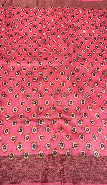 Faishana Presents Light Pink Warm Silk Floral Digital Print Copper Zari Border Banarasi Saree with Floral Print Booti Light Pink Blouse