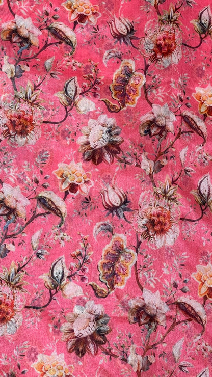 Faishana Presents Light Pink Warm Silk Floral Digital Print Copper Zari Border Banarasi Saree with Floral Print Booti Light Pink Blouse