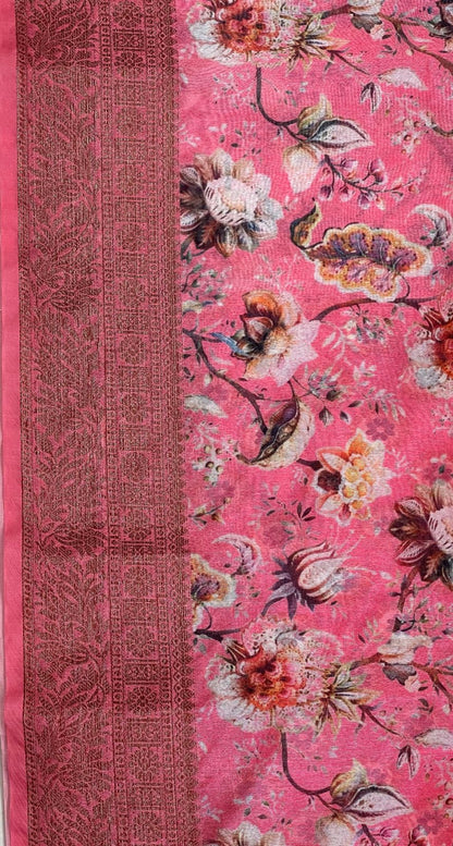 Faishana Presents Light Pink Warm Silk Floral Digital Print Copper Zari Border Banarasi Saree with Floral Print Booti Light Pink Blouse