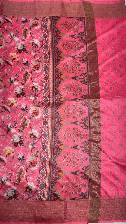 Faishana Presents Light Pink Warm Silk Floral Digital Print Copper Zari Border Banarasi Saree with Floral Print Booti Light Pink Blouse
