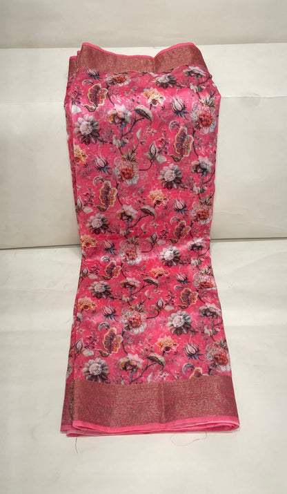 Faishana Presents Light Pink Warm Silk Floral Digital Print Copper Zari Border Banarasi Saree with Floral Print Booti Light Pink Blouse