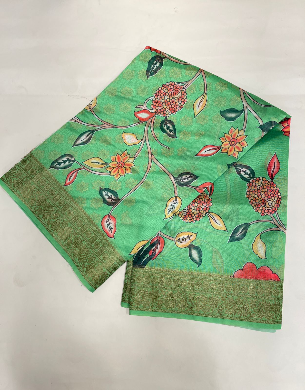 Faishana Presents Green Warm Silk Floral Alfi Jaal Digital Print Copper Zari Border Banarasi Saree with Green Chunri Booti Blouse