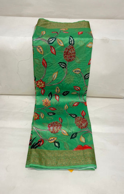 Faishana Presents Green Warm Silk Floral Alfi Jaal Digital Print Copper Zari Border Banarasi Saree with Green Chunri Booti Blouse