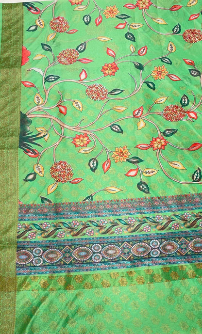 Faishana Presents Green Warm Silk Floral Alfi Jaal Digital Print Copper Zari Border Banarasi Saree with Green Chunri Booti Blouse