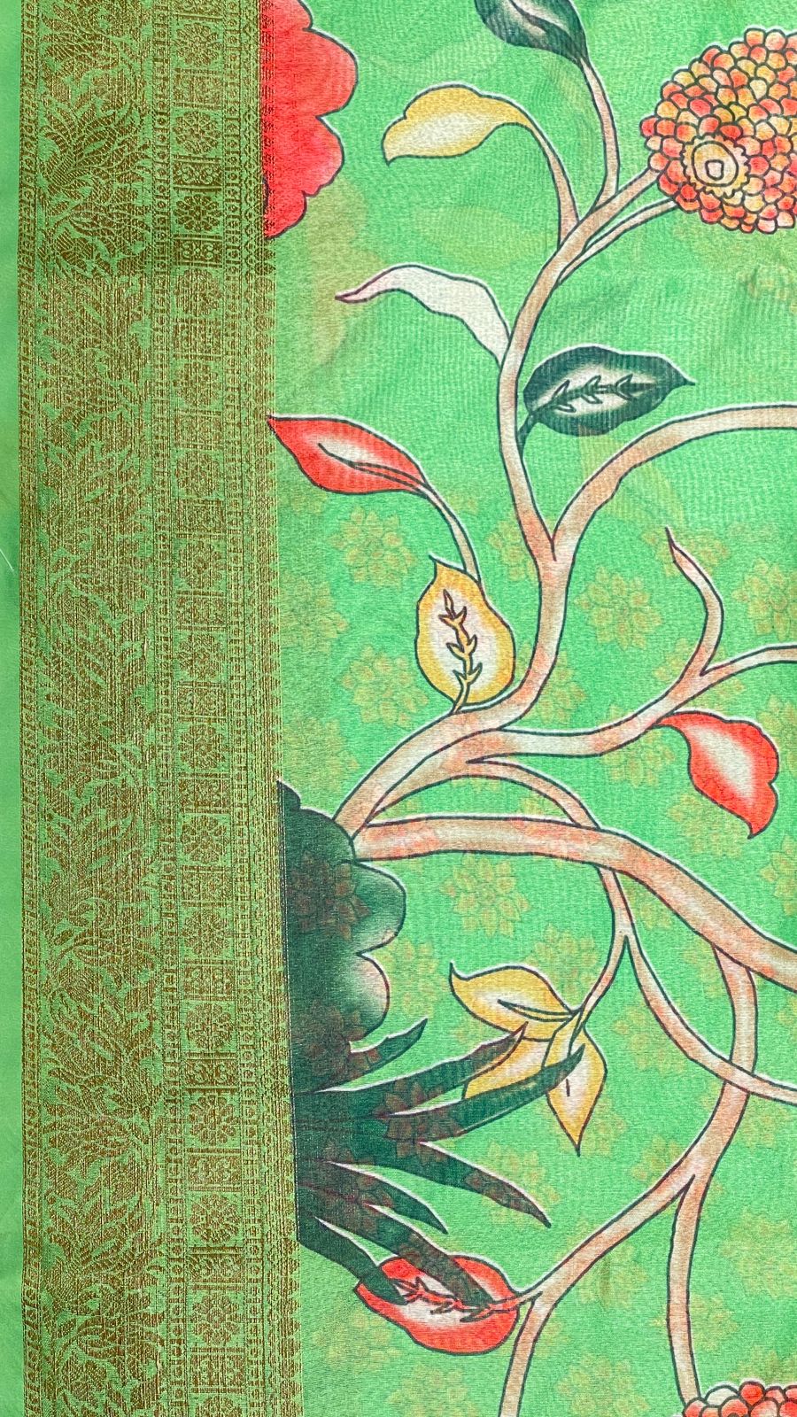 Faishana Presents Green Warm Silk Floral Alfi Jaal Digital Print Copper Zari Border Banarasi Saree with Green Chunri Booti Blouse