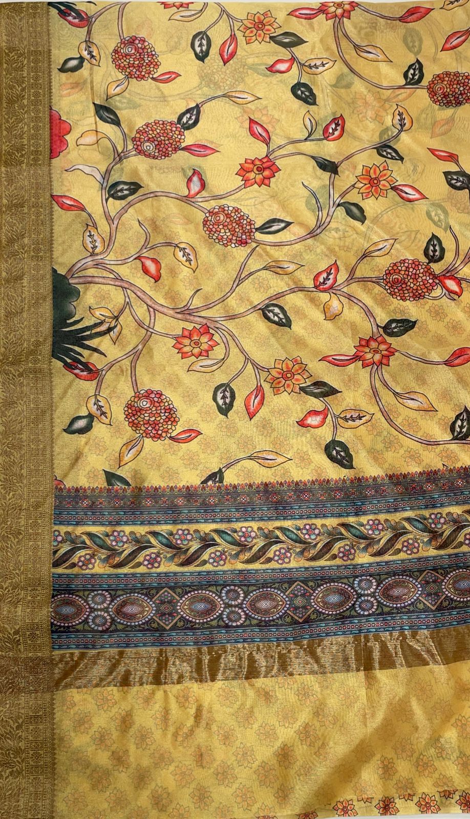 Faishana Presents Yellow Warm Silk Floral Alfi Jaal Digital Print Copper Zari Border Banarasi Saree with Yellow Chunri Booti Blouse