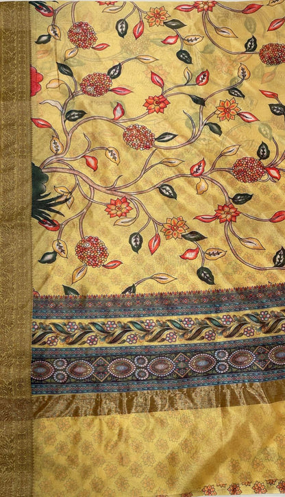Faishana Presents Yellow Warm Silk Floral Alfi Jaal Digital Print Copper Zari Border Banarasi Saree with Yellow Chunri Booti Blouse