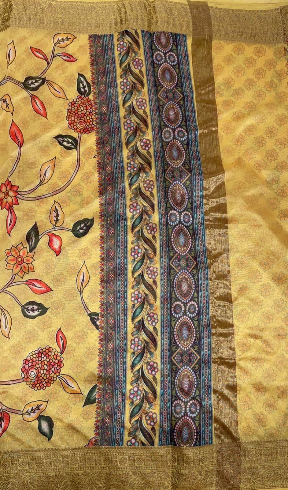 Faishana Presents Yellow Warm Silk Floral Alfi Jaal Digital Print Copper Zari Border Banarasi Saree with Yellow Chunri Booti Blouse