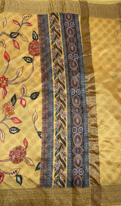 Faishana Presents Yellow Warm Silk Floral Alfi Jaal Digital Print Copper Zari Border Banarasi Saree with Yellow Chunri Booti Blouse