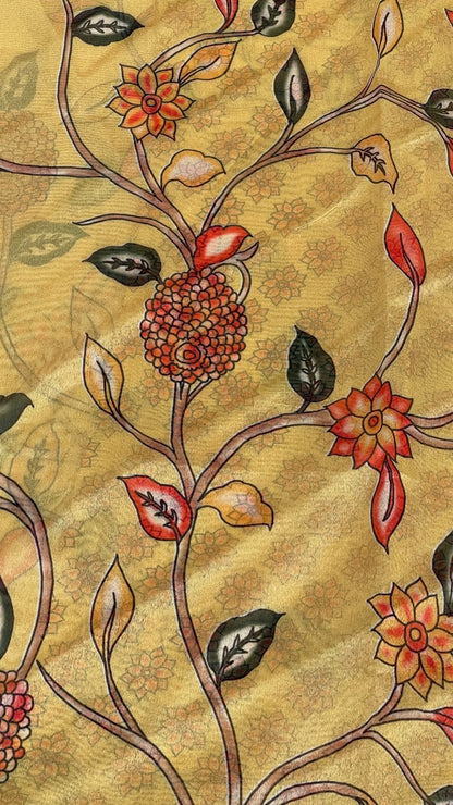 Faishana Presents Yellow Warm Silk Floral Alfi Jaal Digital Print Copper Zari Border Banarasi Saree with Yellow Chunri Booti Blouse