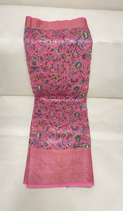 Faishana Presents Pink Warm Silk Floral Digital Print Tilfi Jaal Copper Zari Border Banarasi Saree with Floral Print Booti Pink Blouse