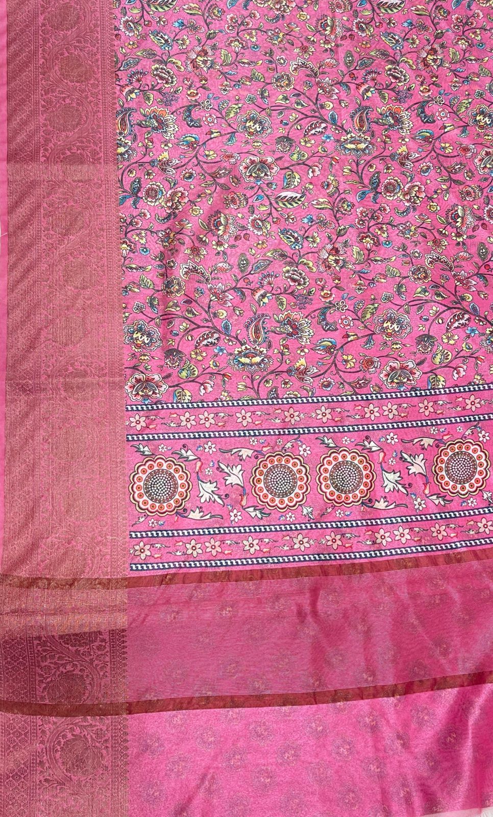 Faishana Presents Pink Warm Silk Floral Digital Print Tilfi Jaal Copper Zari Border Banarasi Saree with Floral Print Booti Pink Blouse