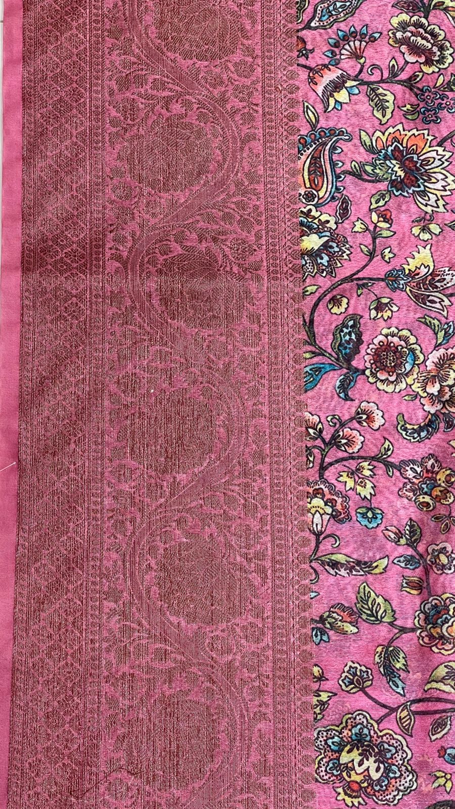 Faishana Presents Pink Warm Silk Floral Digital Print Tilfi Jaal Copper Zari Border Banarasi Saree with Floral Print Booti Pink Blouse