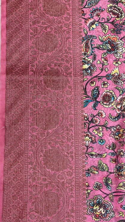 Faishana Presents Pink Warm Silk Floral Digital Print Tilfi Jaal Copper Zari Border Banarasi Saree with Floral Print Booti Pink Blouse