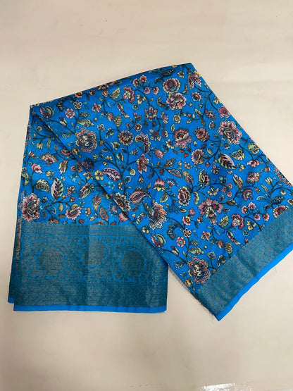 Faishana Presents Warm Silk Floral Digital Print Tilfi Jaal Copper Zari Border Banarasi Saree with Floral Print Booti SkyBlue Blouse