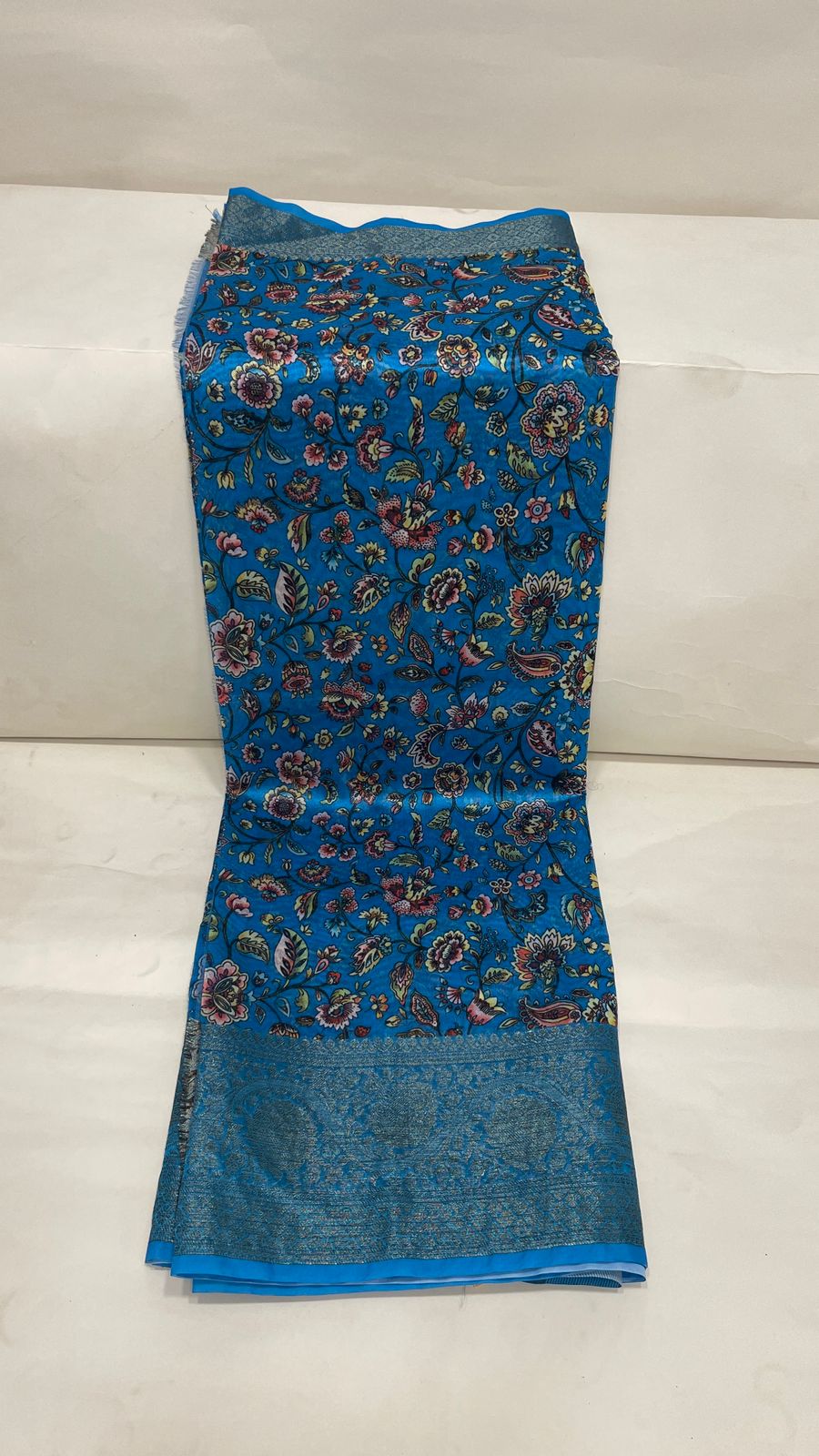 Faishana Presents Warm Silk Floral Digital Print Tilfi Jaal Copper Zari Border Banarasi Saree with Floral Print Booti SkyBlue Blouse