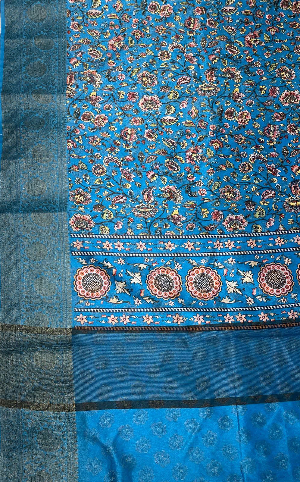 Faishana Presents Warm Silk Floral Digital Print Tilfi Jaal Copper Zari Border Banarasi Saree with Floral Print Booti SkyBlue Blouse