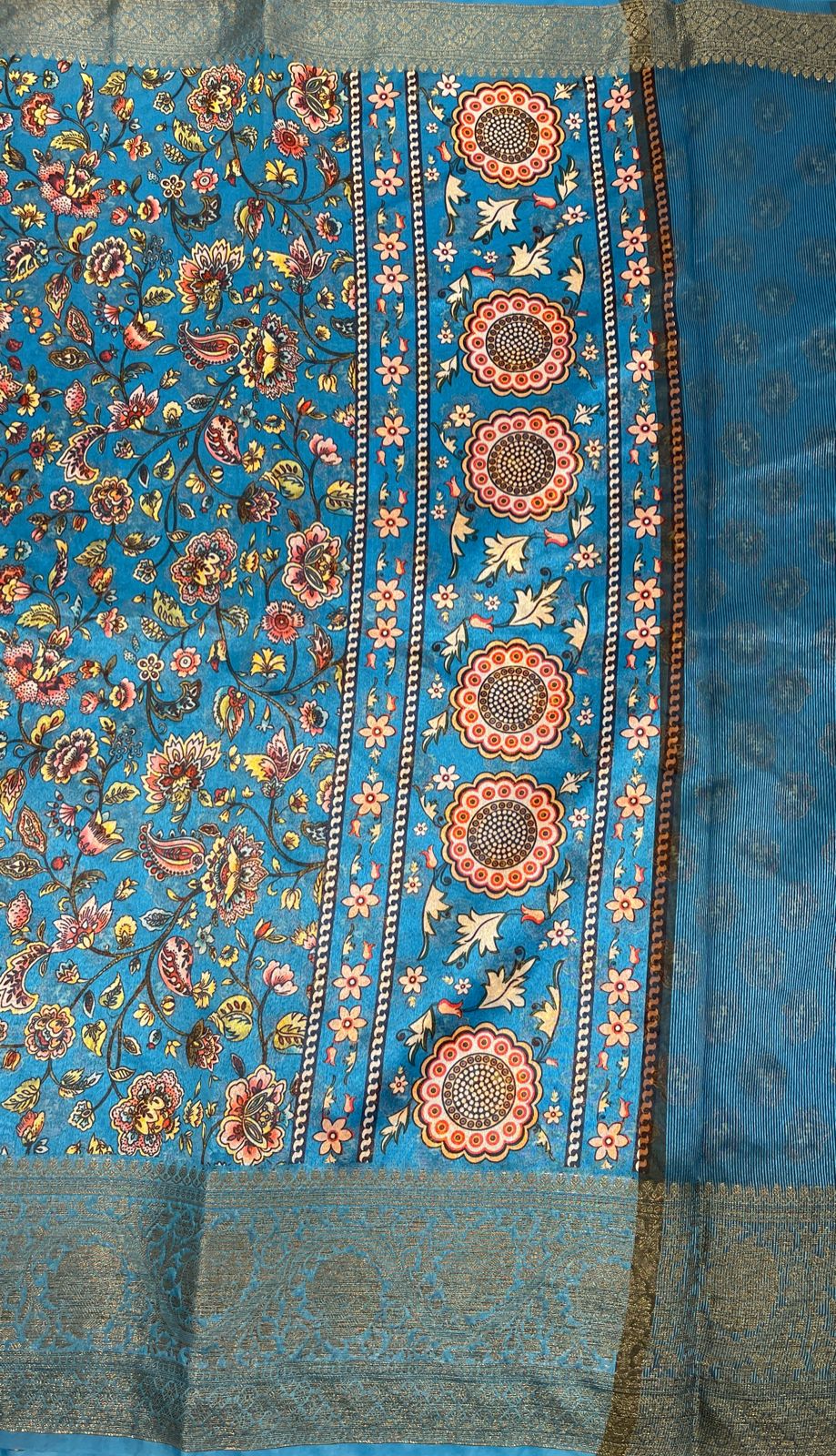 Faishana Presents Warm Silk Floral Digital Print Tilfi Jaal Copper Zari Border Banarasi Saree with Floral Print Booti SkyBlue Blouse