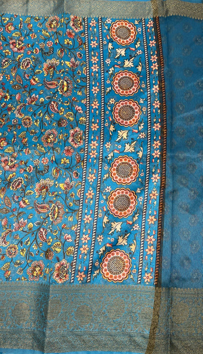 Faishana Presents Warm Silk Floral Digital Print Tilfi Jaal Copper Zari Border Banarasi Saree with Floral Print Booti SkyBlue Blouse